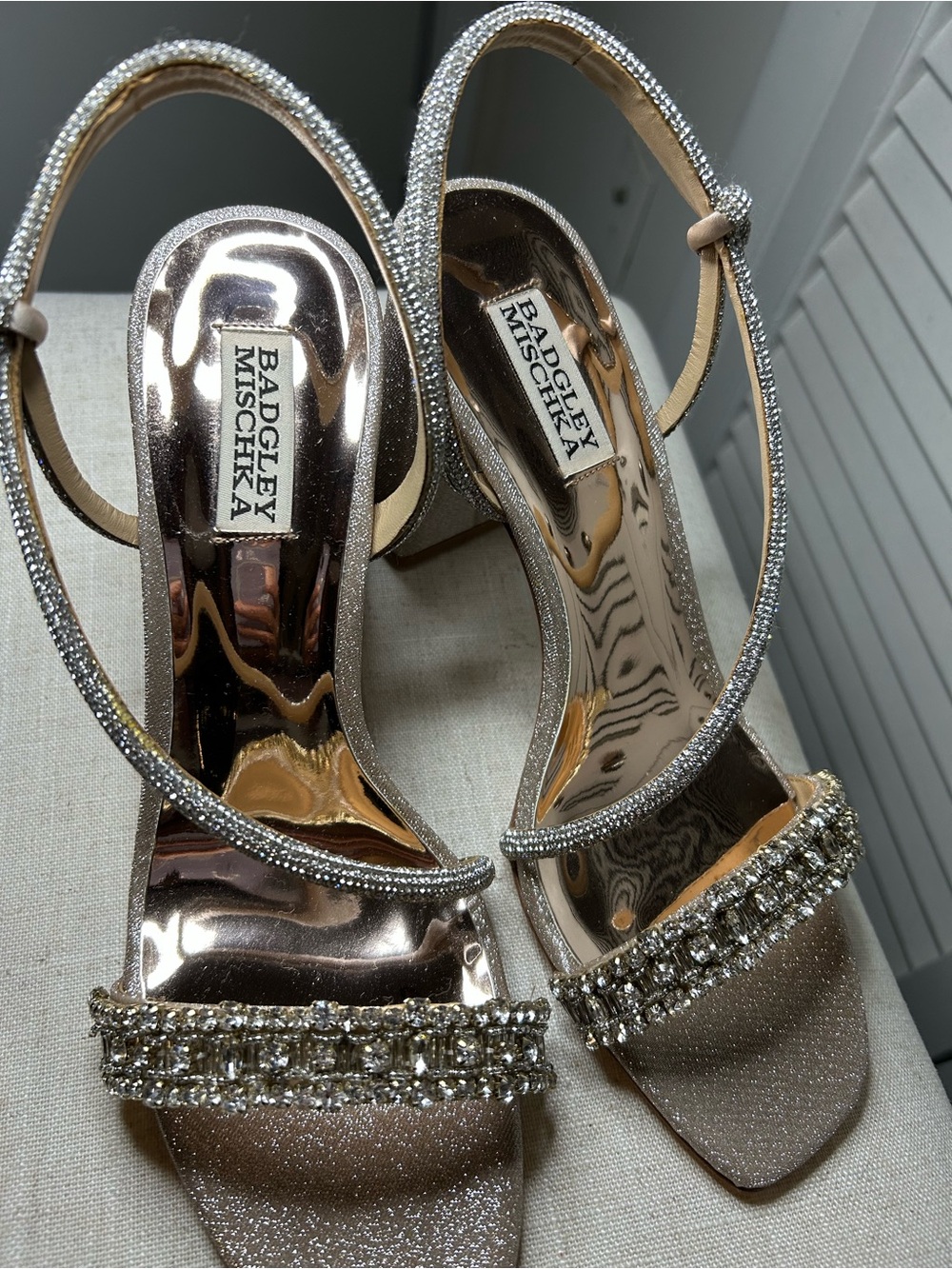 Badgley Mischka Rose Gold Crystal-Embellished Evening Heels